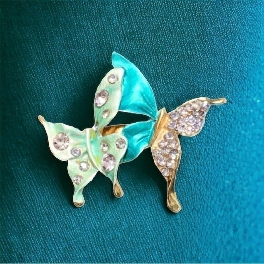 Vintage Blue Green Crystal Butterflies Brooch 2"x1.25" Gold Tone Pin Excellent - Picture 2 of 4